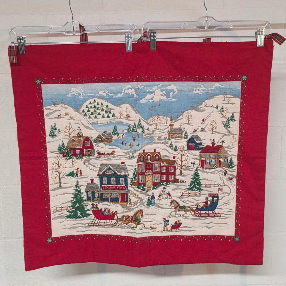 Vintage Christmas Winter Village Scenic Red Border Wall Hanging Ribbon Loops